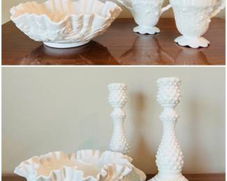 vintage Imperial Glass milk glass and vintage Fenton hobnail milk glass pieces