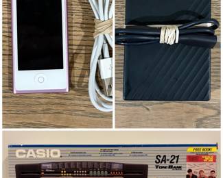 Vintage iPod model A1446, vintage CASIO SA-21 ToneBank keyboard, Western Digital My Passport 1TB external hard drive
