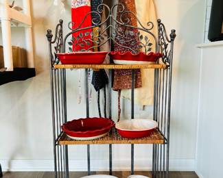 Baker's rack and a collection of Emile Henry ceramic pie dishes