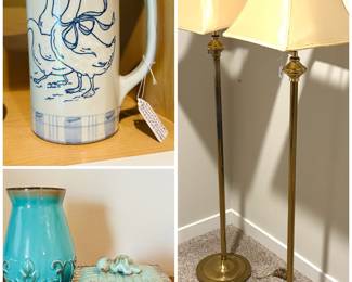 A a Louisville Stoneware pitcher in the Gaggle of Geese pattern, turquoise pottery pieces and two brass floor lamps.