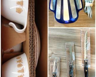 BRAND NEW IN BOX vintage 20 piece Corelle Butterfly Gold dish set.  a Zyto Hand Cradle, a set of Cutco kitchen knives.