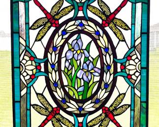 Dragonfly and floral stained glass window panel