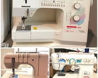 a Bernina 1090 sewing machine, a Janome CoverPro 1000CP and an Elna Elnita Graffiti portable sewing machine.
