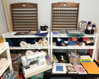 white Victoria brand sewing machine, Sewing supplies, fabric and storage