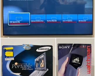 A Samsung smart TV, a vintage Samsung DVD-L200 portable player and a a vintage Sony Watchman handheld portable television.