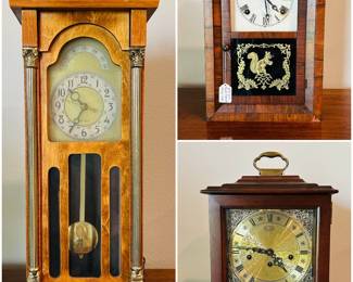 a vintage United Clock Corp. Model 444 electric miniature grandfather clock, antique Seth Thomas Ogee (O.G.) mantel clock and a vintage Howard Miller Graham bracket mantel clock.