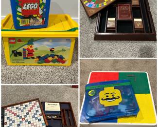 Legos plus Lego table and wooden scrabble game set and a a deluxe edition of Trivial Pursuit.