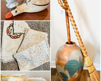 a vintage white marble mortar and pestle set, a vintage Tonala pottery duck, vintage linens feature delicate handmade crochet and embroidery details. Vintage porcelain cream and sugar set. And a decorative ceramic vase.