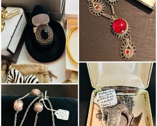 A Victorian Miriam Haskell locket, a vintage rhodochrosite and sterling silver bead necklace, and other filigree vintage pieces.