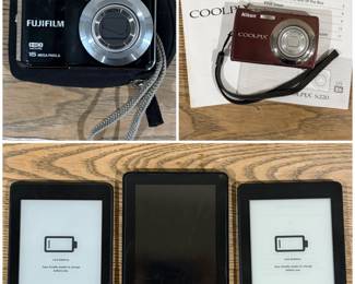 A a Fujifilm FinePix AX500 series digital camera, a compact Nikon COOLPIX S220 digital camera, Amazon kindles.