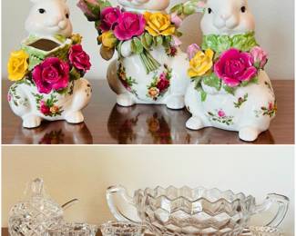 Royal Albert "Old Country Roses" bunny sugar pot and creamer set and set of Fostoria American Clear Glass serving pieces.