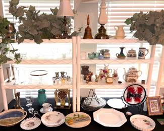 Peggy Karr Nebraska Husker plate, misc home decor and antique tea pots 