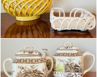 Arlington Designs ceramic lattice basket and napkin holder. antique teapots in the "Brazil" pattern produced by G.W. Turner & Sons in Tunstall.