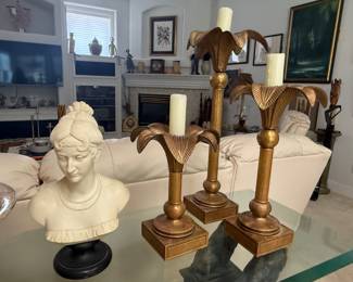 Bust  set of three gilt candle holders