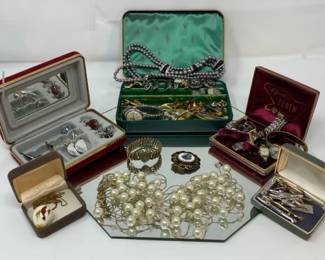 Costume Jewelry Mystery Lot Watches, Tie Tacks, Necklaces, And More