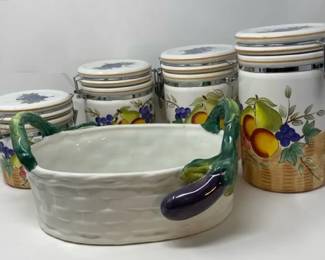 Vietri Eggplant Basket Bowl And Set Of Ceramic Canisters With Fruit Design