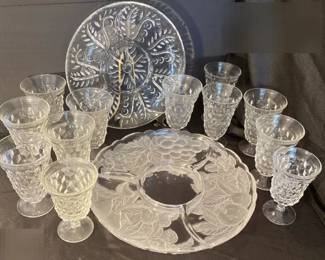 Classic Pressed Glass Water Goblets, Condiment Platter And Etched Relish Platter