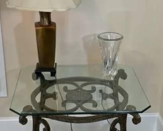 Glasstop Metal Table With Floral Motif  Brasscolored TouchLamp And Celebration Crystal Vase