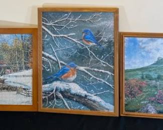 Assembled Puzzles In Wooden Frames  Nature Scenes  Blue Birds 
