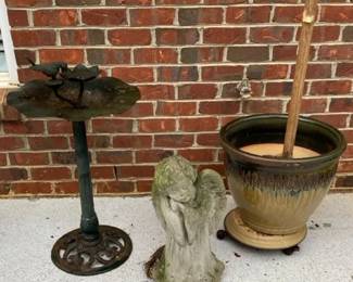 Outdoor Decor  Large Ceramic Planter, Green Metal Birdfeeder, Concrete Angel Garden Statue