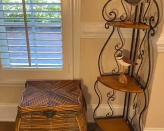 Scrolled Iron And Wood Corner Shelves, Bamboo Reed Chest And Two Carved Birds