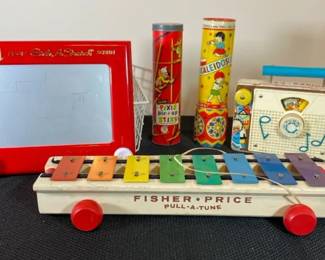 Vintage Toys  Fisher Price Pullatune  Etch A Sketch  Pick Up Sticks And Toy Radio