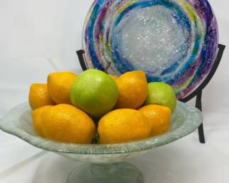 Colorful Fused Glass Platter And Sea Foam Etched Glass Bowl Filled With Realistic Fruit