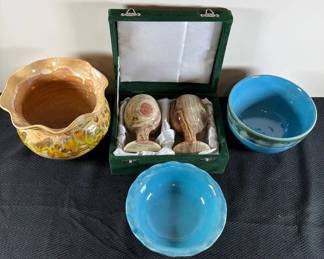 Ceramic Multi Color Bowls, Multi Color Cups In A Green Case, Blue Ceramic Bowls by GANZ