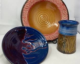 Vibrant Colors Signed Handmade Pottery Bowls And Vase
