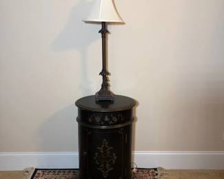 Vintage Round Wood Accent Storage Table With Oriental Style Rug, And Berman Pirate Monkey Lamp