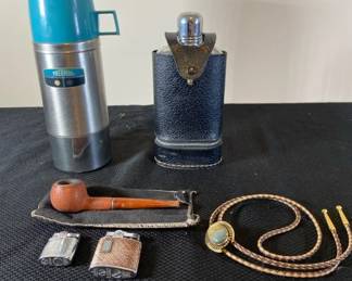 Mens Essentials  Bolo Tie  Medico Pipe  Thermo Steelyking Thermos  Glass Flask Ronson Lighter