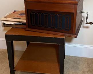 002 Vintage Sonora Tabletop Victrola With Records, Two Tiered Wood Side Table