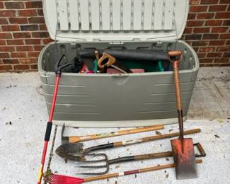 Rubbermaid Outdoor Plastic Chest With Lawn Tools  True Temper PickAxe, Shovel, And More