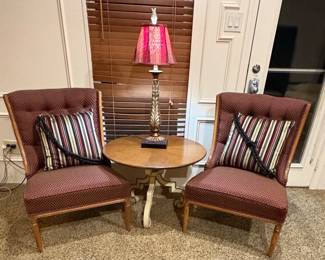 Pair of French Provincial Accent Chairs with Pedestal Table and Lamp
