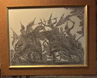 Thai Temple Rubbing Elephant Battle Scene