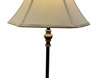 Traditional Brass Table Lamp with Ornate Base and Fabric Shade