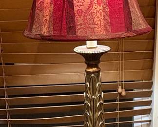 Ornate Brass Table Lamp with Red Paisley Stripe Shade and Animal Finial
