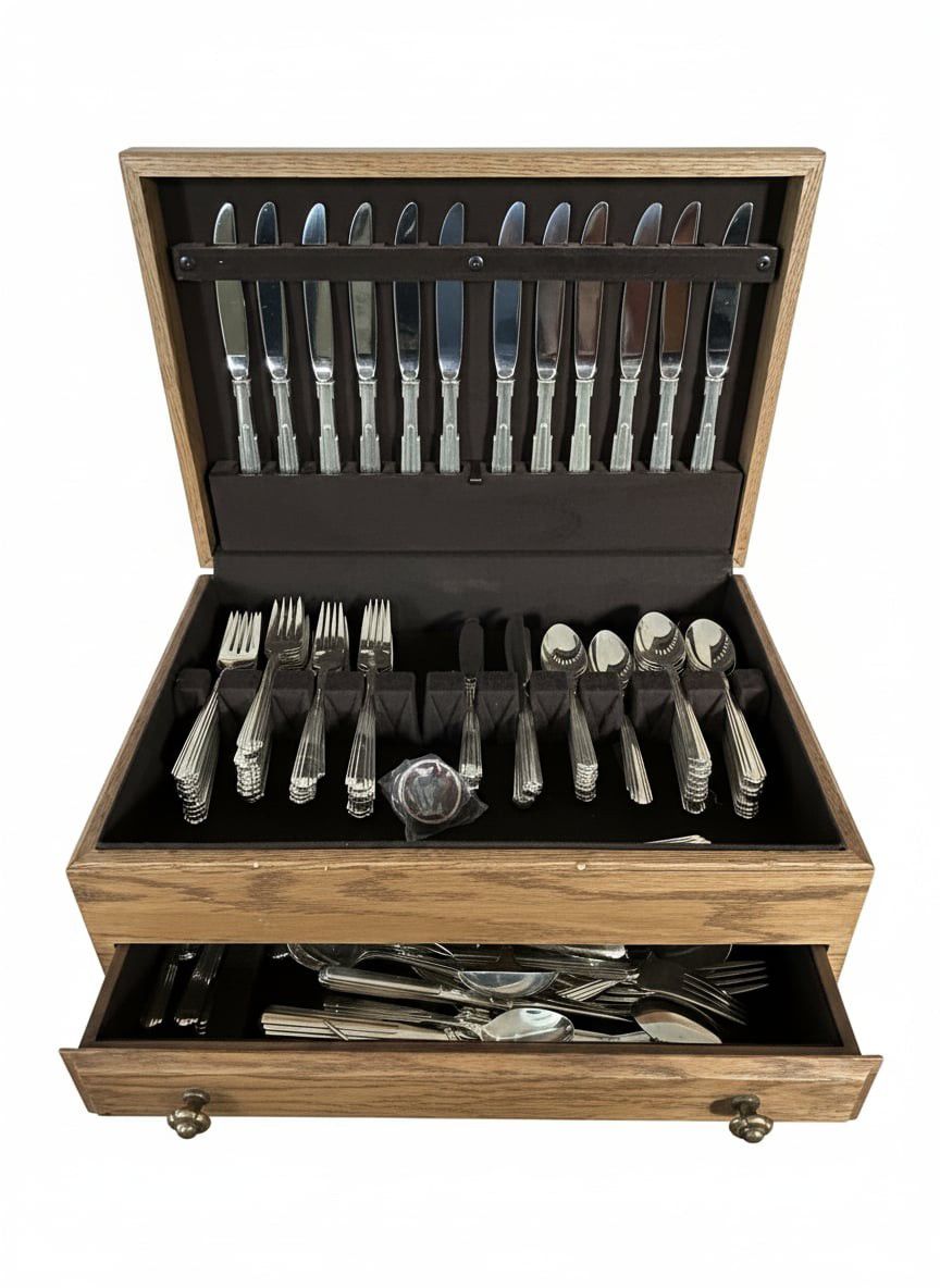 Kirk Stieff Sterling Silver Flatware Set with Wooden Case Paramount Pattern