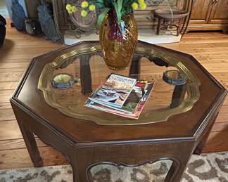 Baker "Collector's Edition" Octagonal Wood and Brass Trim Coffee Table with Glass Top