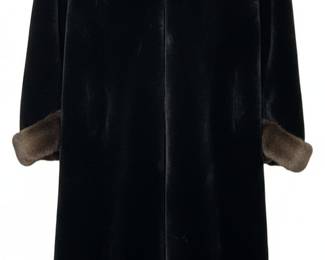 Black Velvet Full Length Coat with Faux Fur Trim and Hood