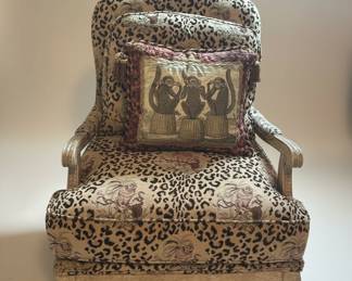 Chinoiserie Armchair with 'Three Wise Monkeys' Pillow and Leopard Print Upholstery