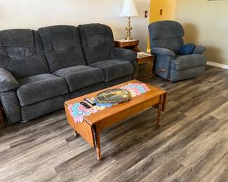 LAZBOY SOFA, 2 RECLINERS, END AND COFFEE TABLES, TABLE LAMPS