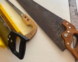 Wooden Hand Saws, Square, And Mitre Box