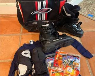Nordica 9.5 Ski Boots, XLarge Gloves And Rossignol Bag
