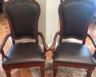 Two Formal Captains Armchairs With Leather Back