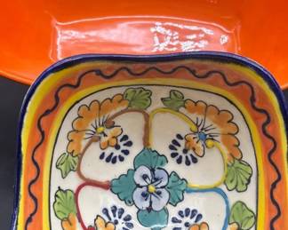 2 Bright Colored Ceramic Bowls, 1 Painted