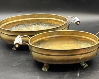 Vintage Brass Planter Boxes With Claw Feet And Porcelain Handles