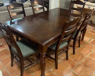 Kitchen Table W 6 Chairs  1 Leaf, Damage To Legs See Photos. Chair cloth color is Green