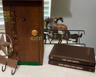 WOOD OUTHOUSE, LEATHER BOUND LOUIS L’AMOUR BOOKS
