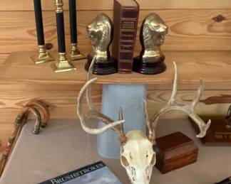 BRASS CANDLESTICKS, BRASS LION BOOKENDS, SKULL MOUNT DEER HEAD